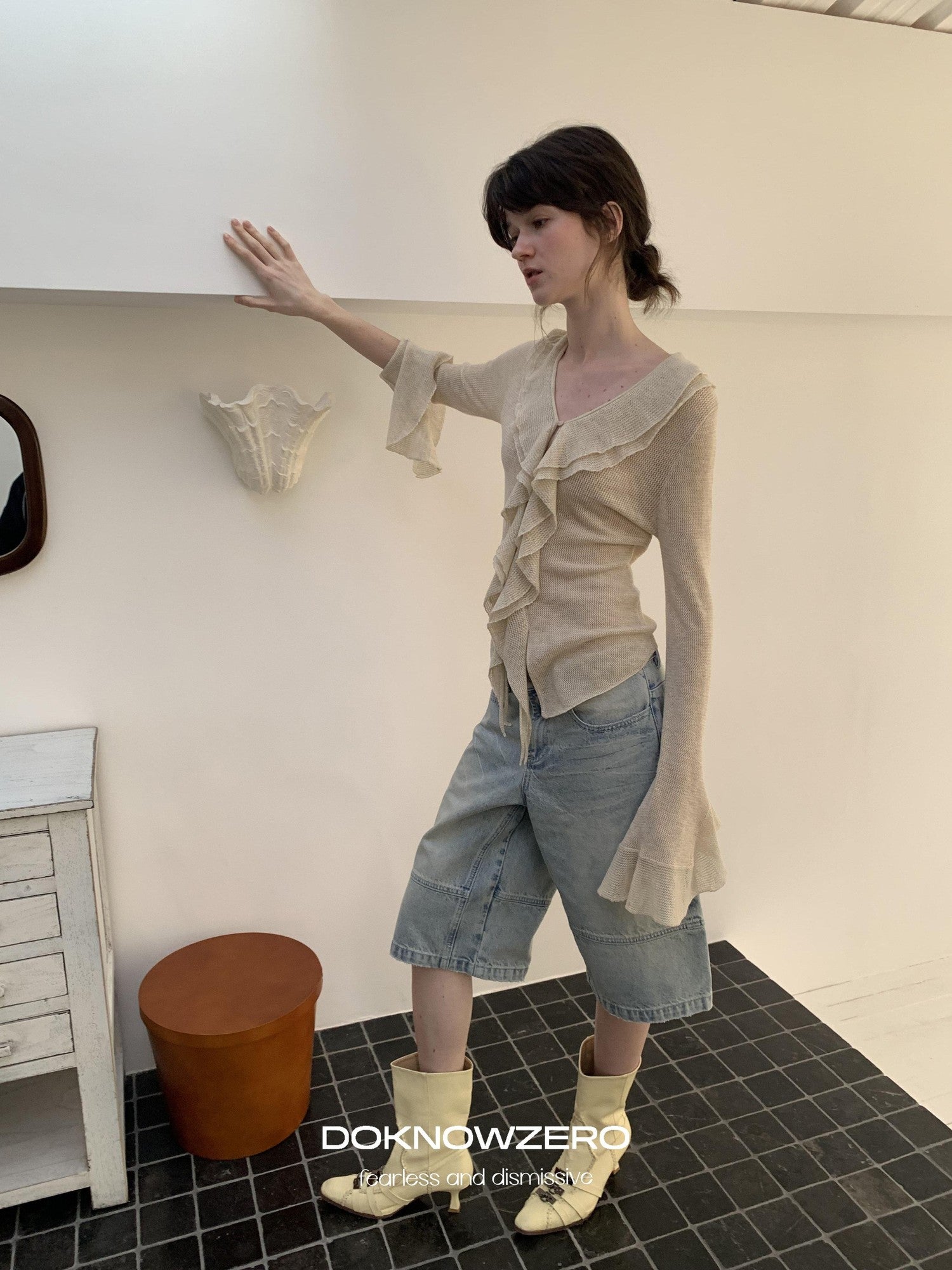 DKZ OFFICIAL Irregular Ruffle Tie V-neck Sheer Knitted Women&