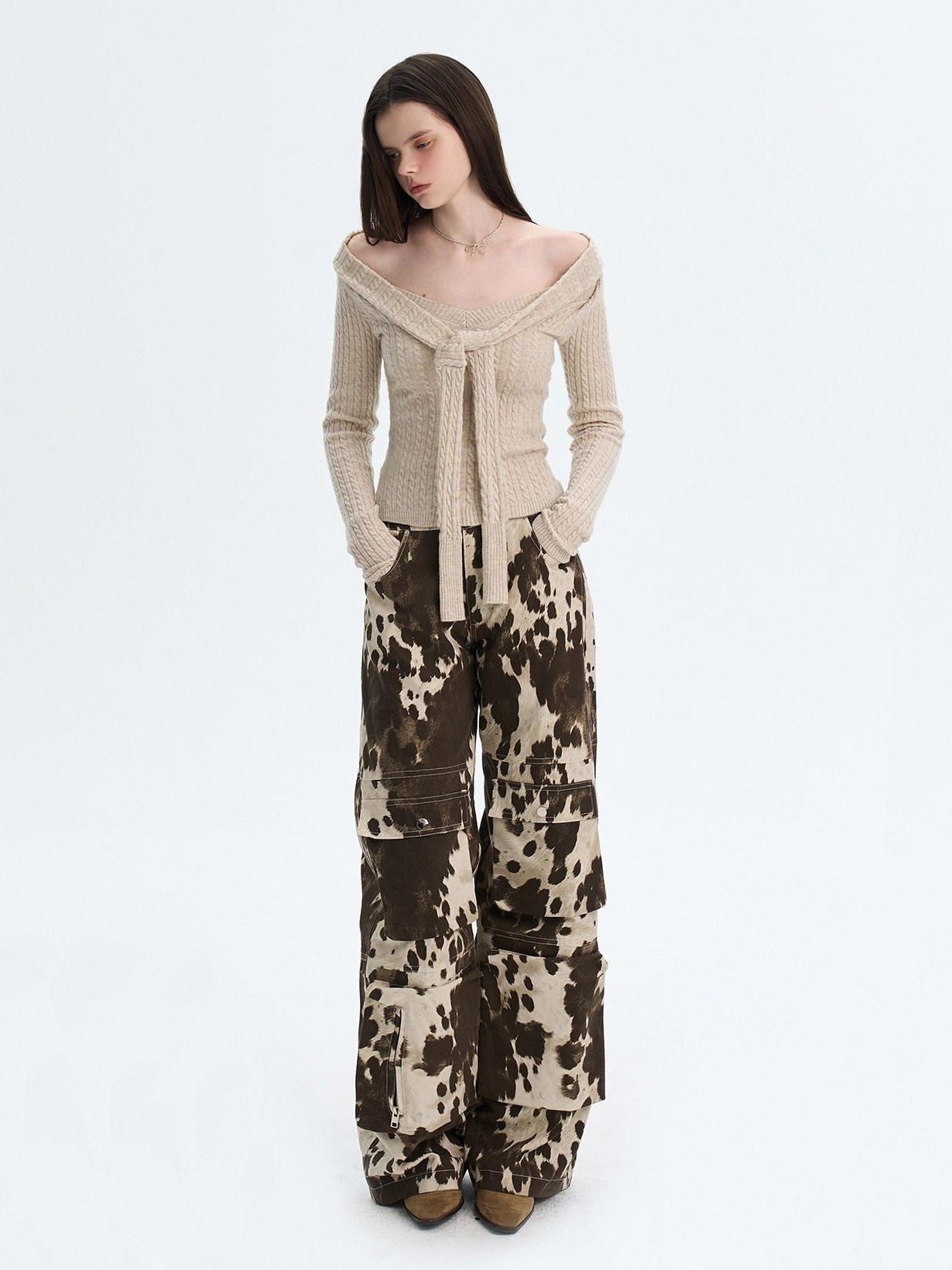 The NeverMore Khaki Wool Blend Slim Fit Layered Tie Detail Off Shoulder Pullover Sweaters