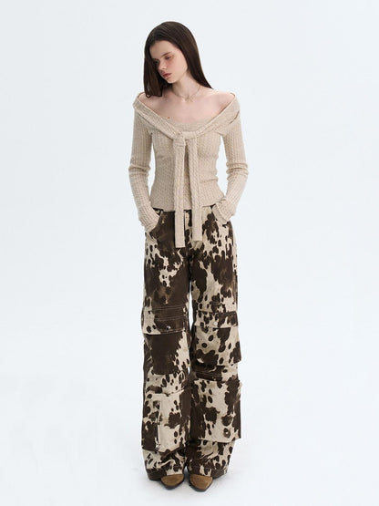 The NeverMore Khaki Wool Blend Slim Fit Layered Tie Detail Off Shoulder Pullover Sweaters