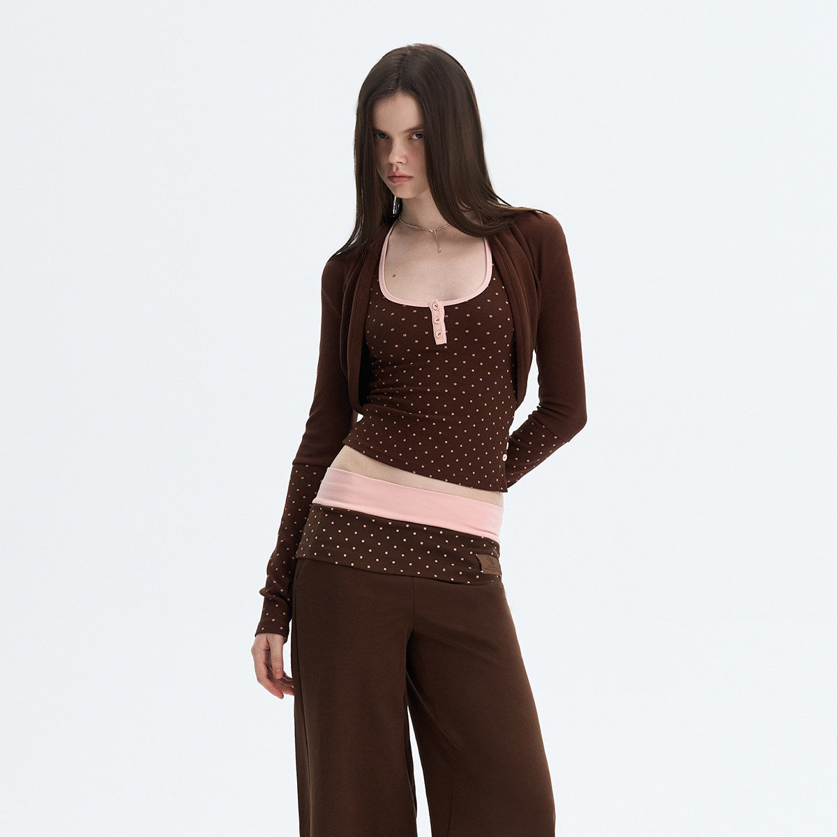 The NeverMore Polka Dot Patchwork Three Piece Long Sleeve Women Long Pants Top &amp; Pants Sets