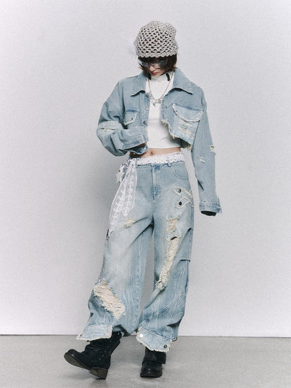 Frustration Garden Light Blue Washed Distressed Ripped Frayed Hem Women&