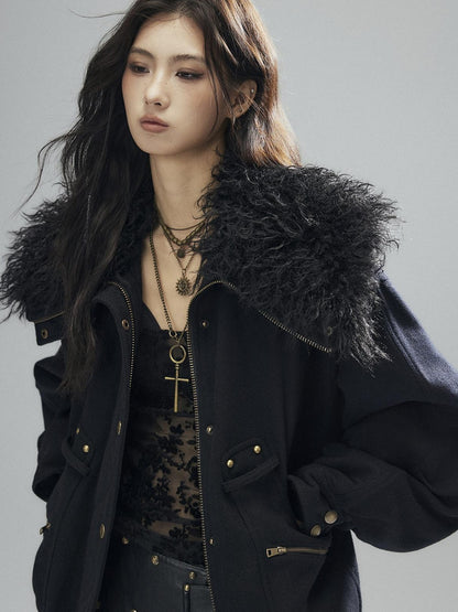 Low pixel Thick Wool Blend Multi Pocket Loose Fit Sexy Girl Black Zipper Cropped Jackets