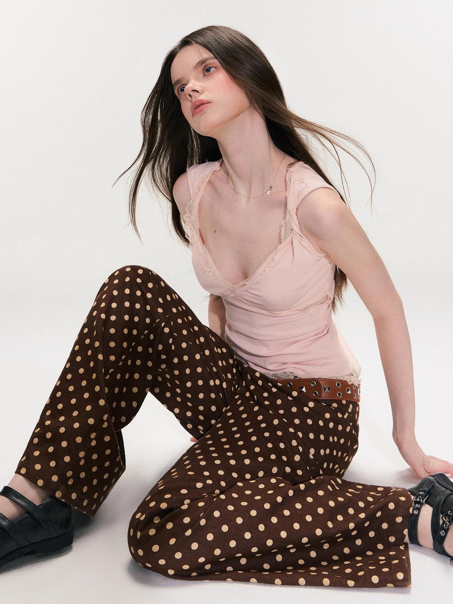 The NeverMore Cotton Polka Dot Vintage Natural Waist Casual Women Brown Straight Leg Jeans