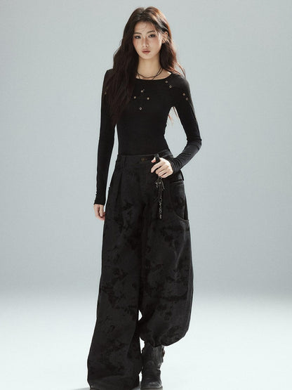 Low pixel Black Cotton Flocked Low Rise Loose Street Women Zip Fly Wide Leg Jeans