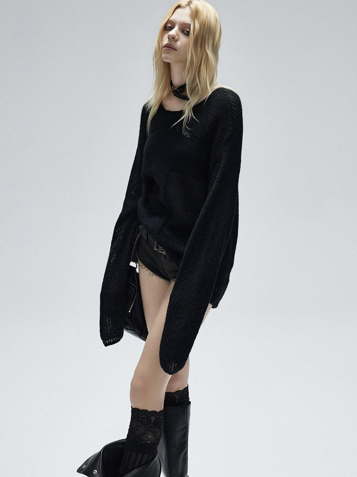 Low pixel Soft Alpaca Blend Patchwork Oversized Street Women Casual Crewneck Knit Sweaters