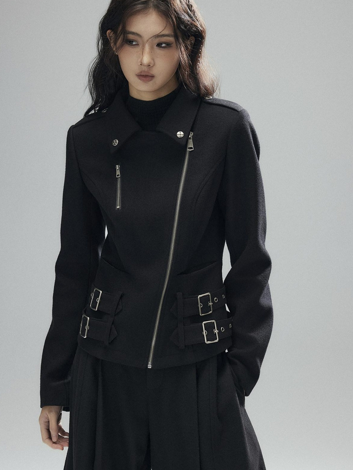 Low pixel Wool Blend Thick Slim Fit Street Euro Zip Front Black Cropped Jackets