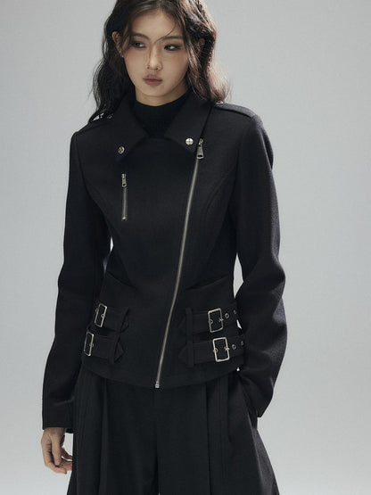 Low pixel Wool Blend Thick Slim Fit Street Euro Zip Front Black Cropped Jackets