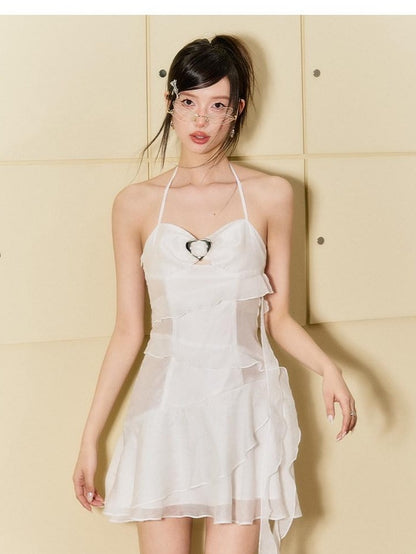 7Shiftin High Waist Chiffon A Line Spaghetti Strap Office White Mini Dresses
