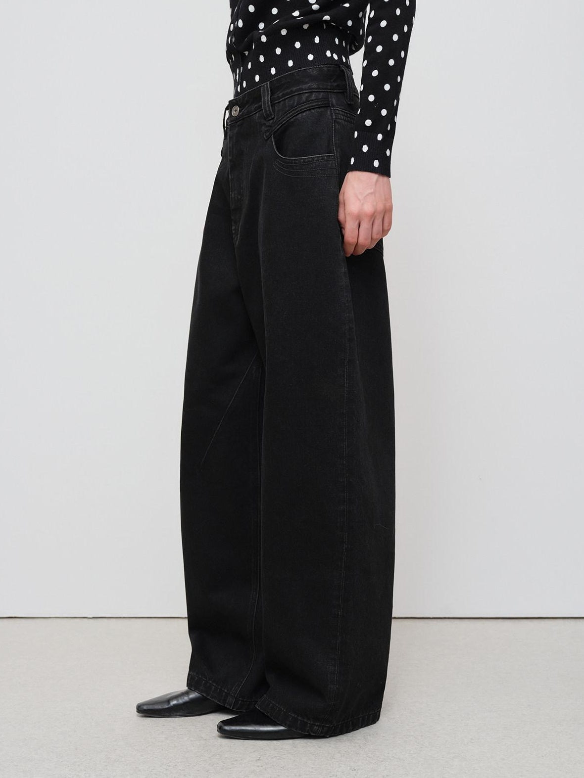 RUN TO THE FUTURE Distressed Washed Black Relaxed Fit Button Fly Mid Low Rise Women Wide-Leg Jeans