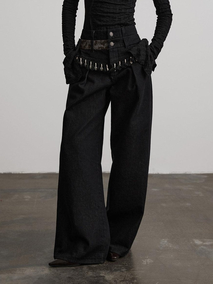 INDULGE Durable Washed Natural Waist Pockets Women Black Cotton Wide-Leg Jeans