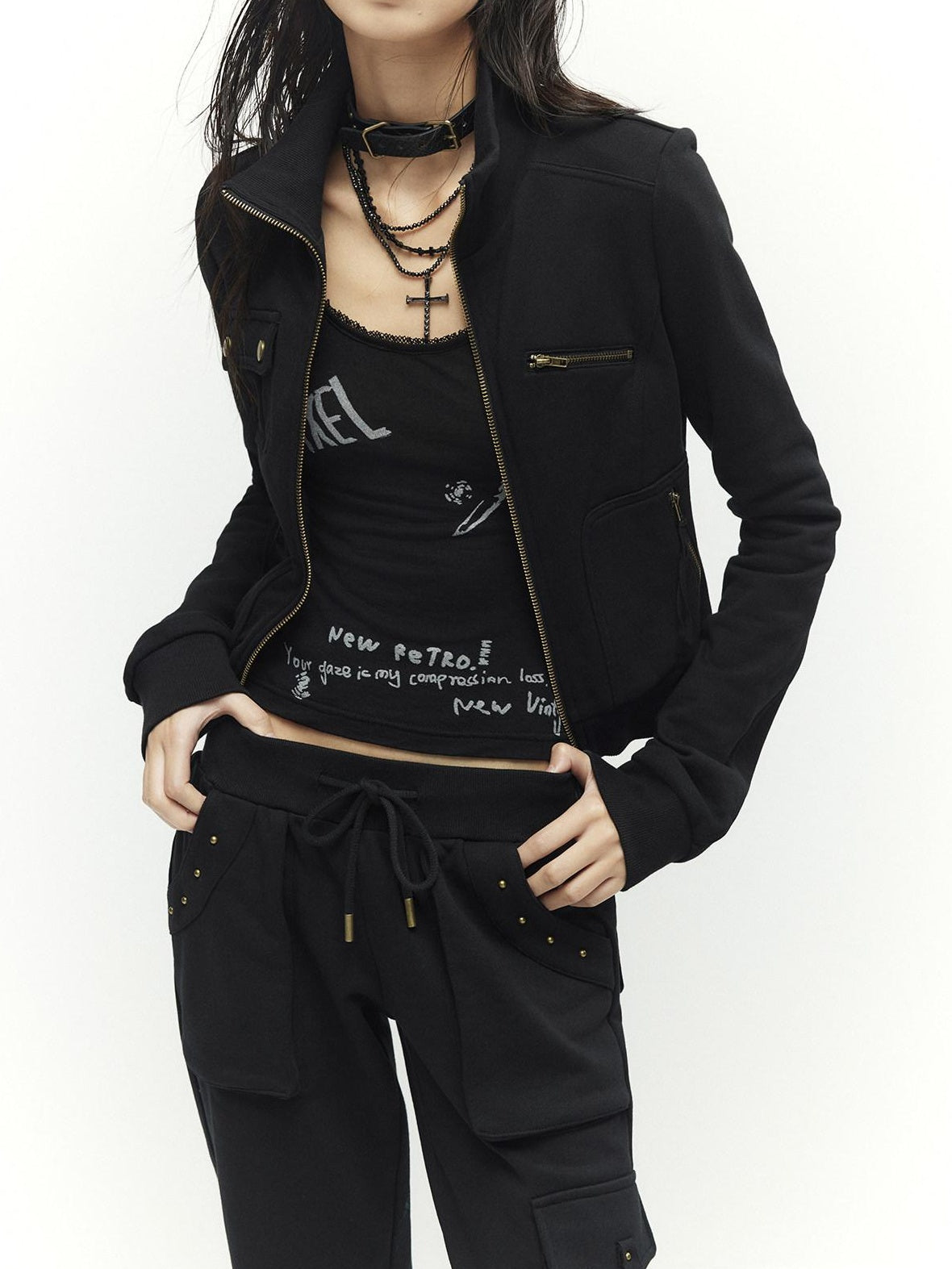 Low pixel Studded Slim Fit Zip Front Stand Collar Thick Cotton Black Top &amp; Pants Sets