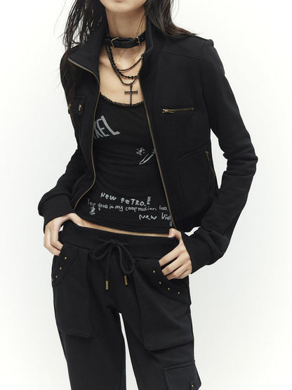 Low pixel Studded Slim Fit Zip Front Stand Collar Thick Cotton Black Top &amp; Pants Sets