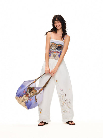 OuttheBlue Cute Cat Print Light Purple Roomy Square Double Strap Shoulder Women Tote Bags