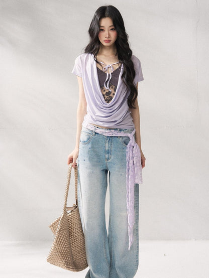 7Shiftin Purple Tie Front Relaxed Crew Neck Short Sleeve Casual Women Basic Crop Tops