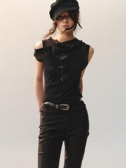 AnnoMundi Polyester Rayon Blend Embroidered Regular Fit Women Layering Black Tank Tops