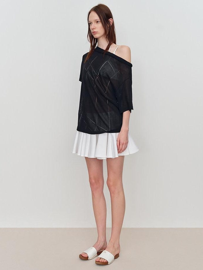 RUN TO THE FUTURE Viscose Knit Loose Cutout Slanted Neck Black Cross Print Short Sleeve T-Shirts