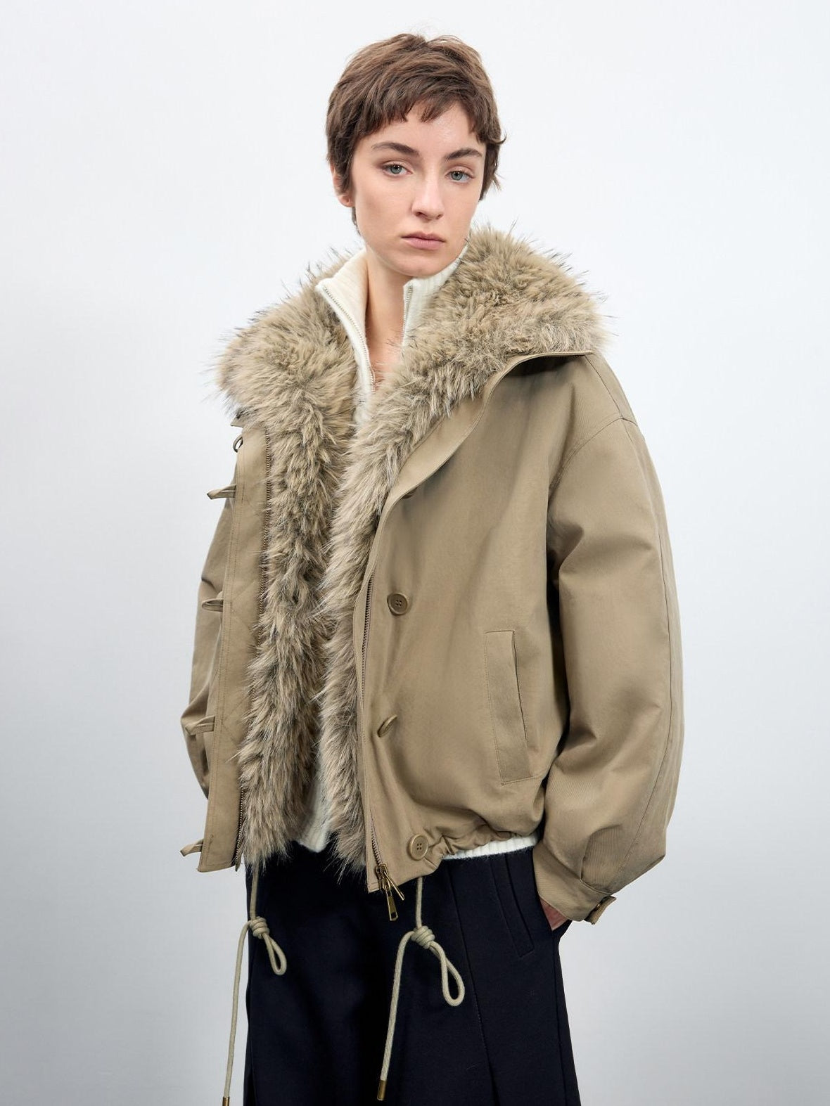 RUN TO THE FUTURE Thick Cotton Fill Fur Collar Loose Fit Commuter Solid Zip Puffer Jackets
