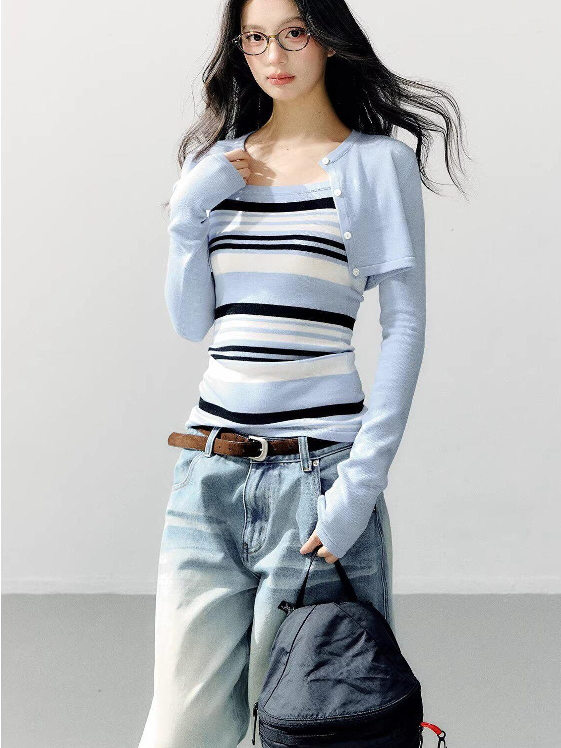 7Shiftin Breathable Striped Two Piece Cardigan Pullover Women Casual Long Sleeve T-Shirts
