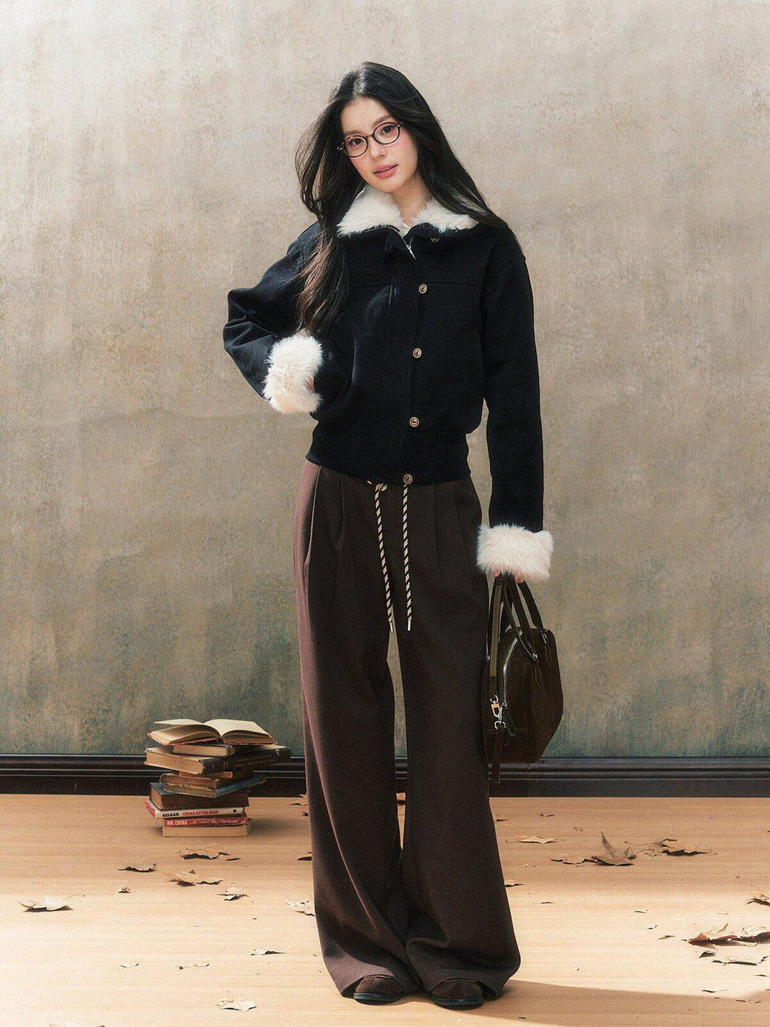7Shiftin Original Slim Women Stand Collar Button Pocket Warm Black Fur Cropped Jackets