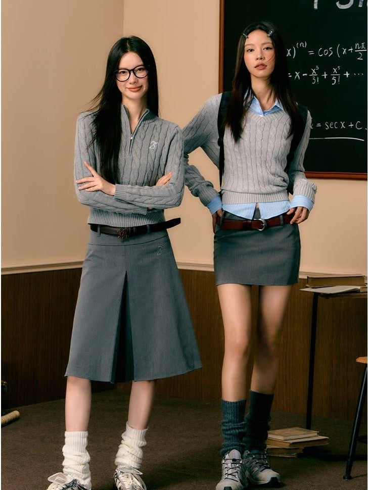 7Shiftin High Waist A Line Button Detail Workwear Grey Office Midi Skirts