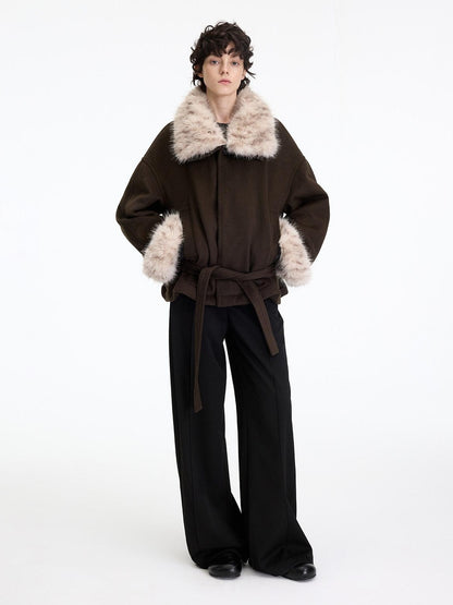 RUN TO THE FUTURE Thick Loose Fit Lapel Tie Midlength Casual Female Zelkova Green Track Jackets