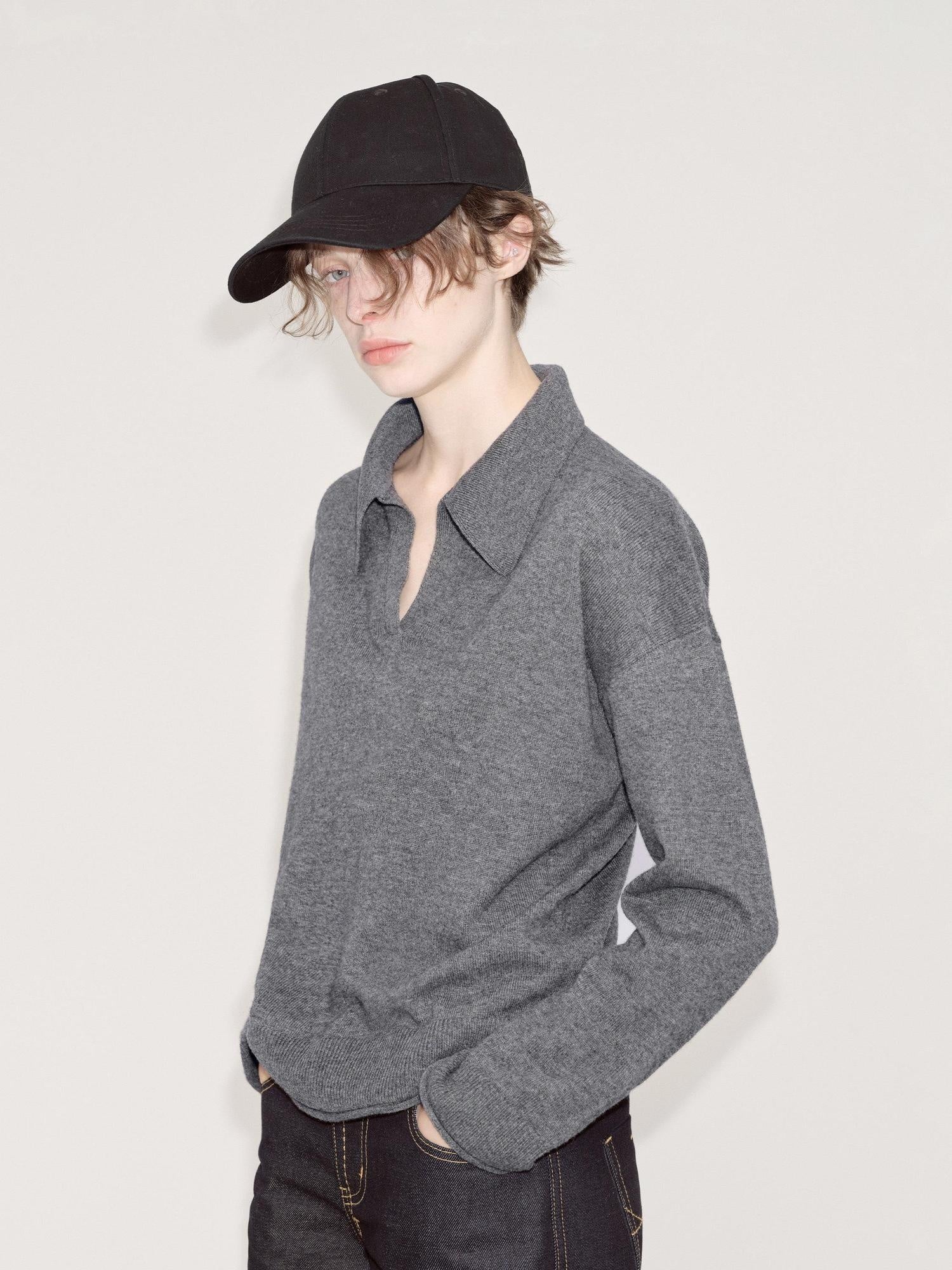 RUN TO THE FUTURE Acrylic Loose Fit Polo Collar Office Commuter Grey Pullover Long Sleeve T-Shirts