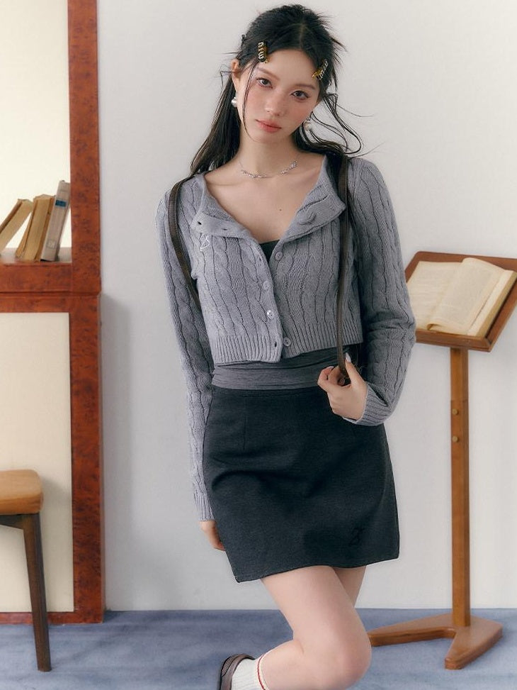 7Shiftin Button V-neck Cardigan Women Workwear Solid Grey Camisole Skirt Top &amp; Skirt Sets