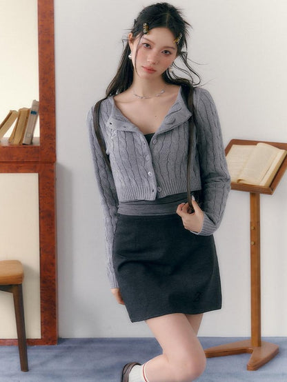 7Shiftin Button V-neck Cardigan Women Workwear Solid Grey Camisole Skirt Top &amp; Skirt Sets