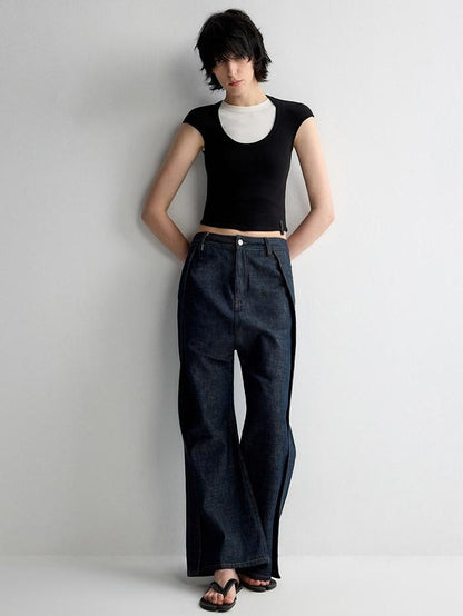 RUN TO THE FUTURE Durable Washed Casual Low Rise Wide Leg Dark Denim Flare Jeans