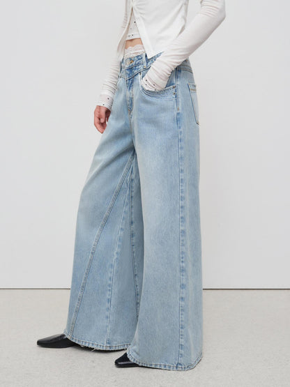 RUN TO THE FUTURE Light Blue Casual Loose Natural Waist Button Fly No Stretch Women Wide-Leg Jeans