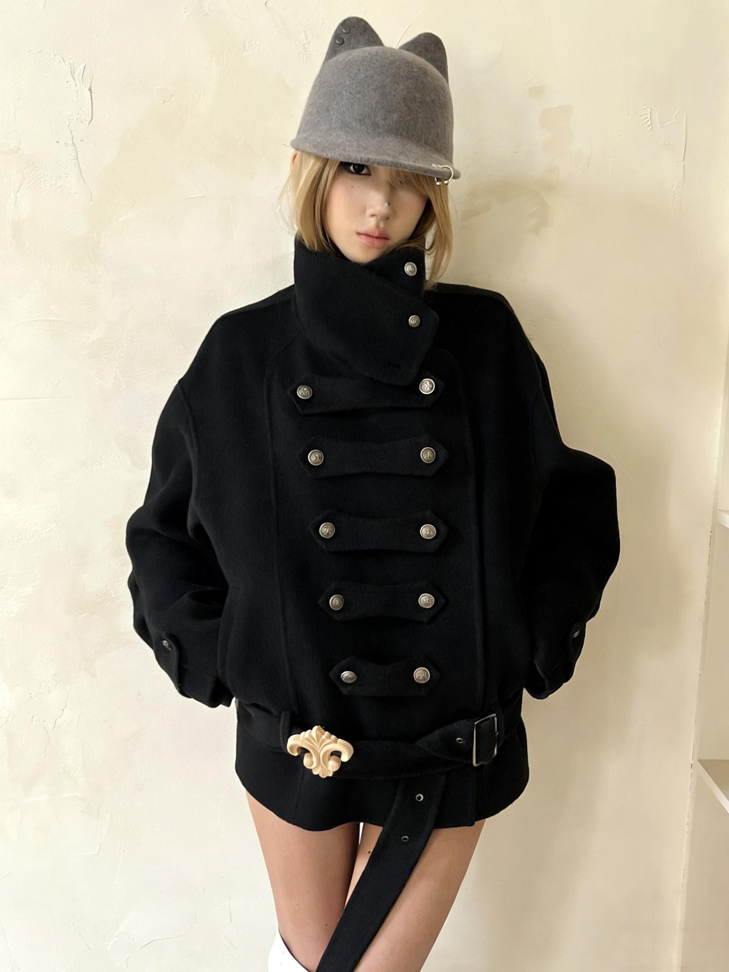 nit alcove Warm Wool Blend Pleated Biker Collar Unisex Double Breasted Cropped Wool Coats