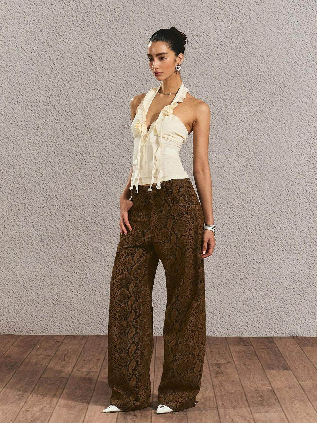 The NeverMore Durable Distressed Relaxed Fit Natural Waist Women Light Brown Wide Leg Jeans