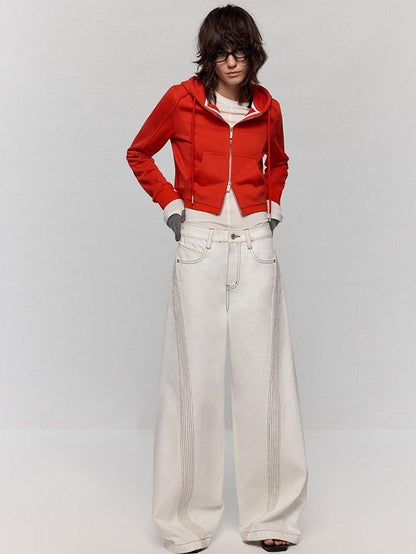 RUN TO THE FUTURE Casual Colorblock Loose Natural Waist Washed Denim High Cotton Wide-Leg Jeans