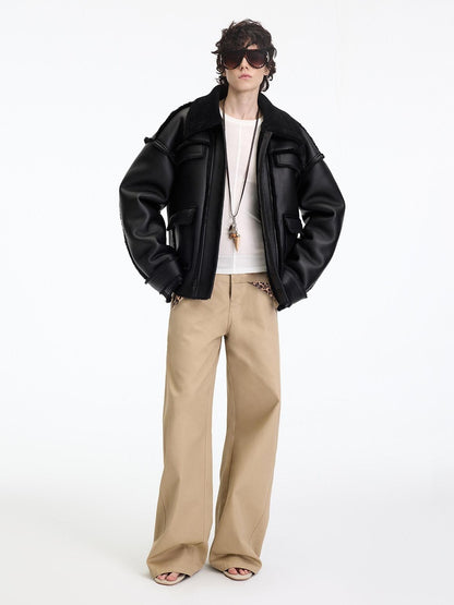 RUN TO THE FUTURE Leopard Patchwork Casual Loose Straight Leg Mid Rise Zip Fly Cotton Khaki Chinos