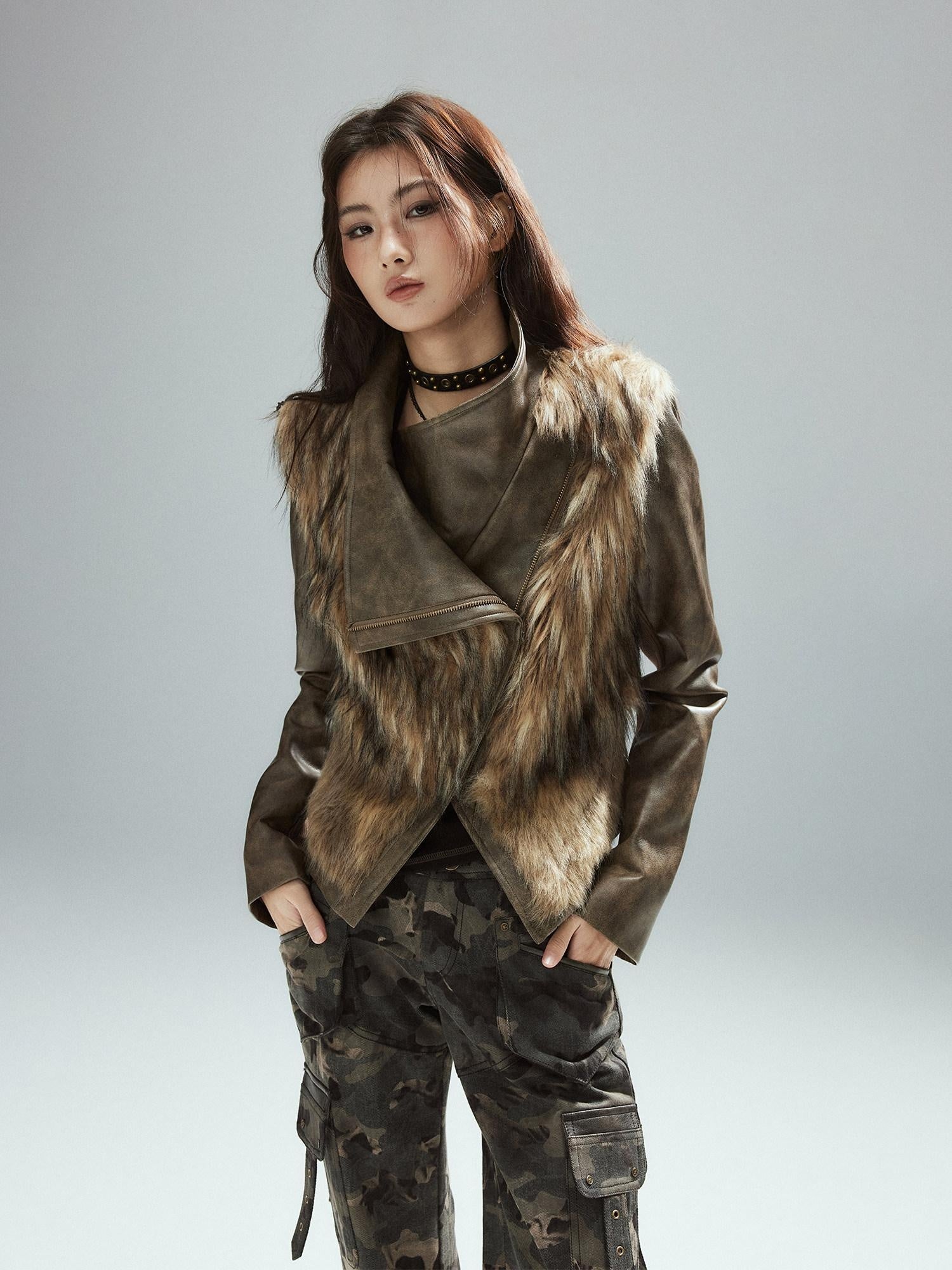 Low pixel Thick Waist Cinch Patchwork Street Style Women Brown Zipper Lapel Cropped Jackets