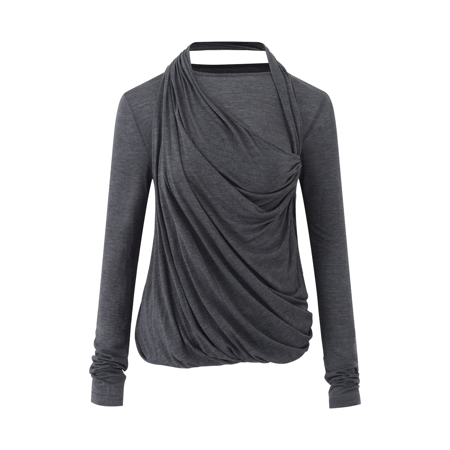 RUN TO THE FUTURE Tencel Wool Blend Pleated Commuter Slim Solid Milk White Long Sleeve T-Shirts
