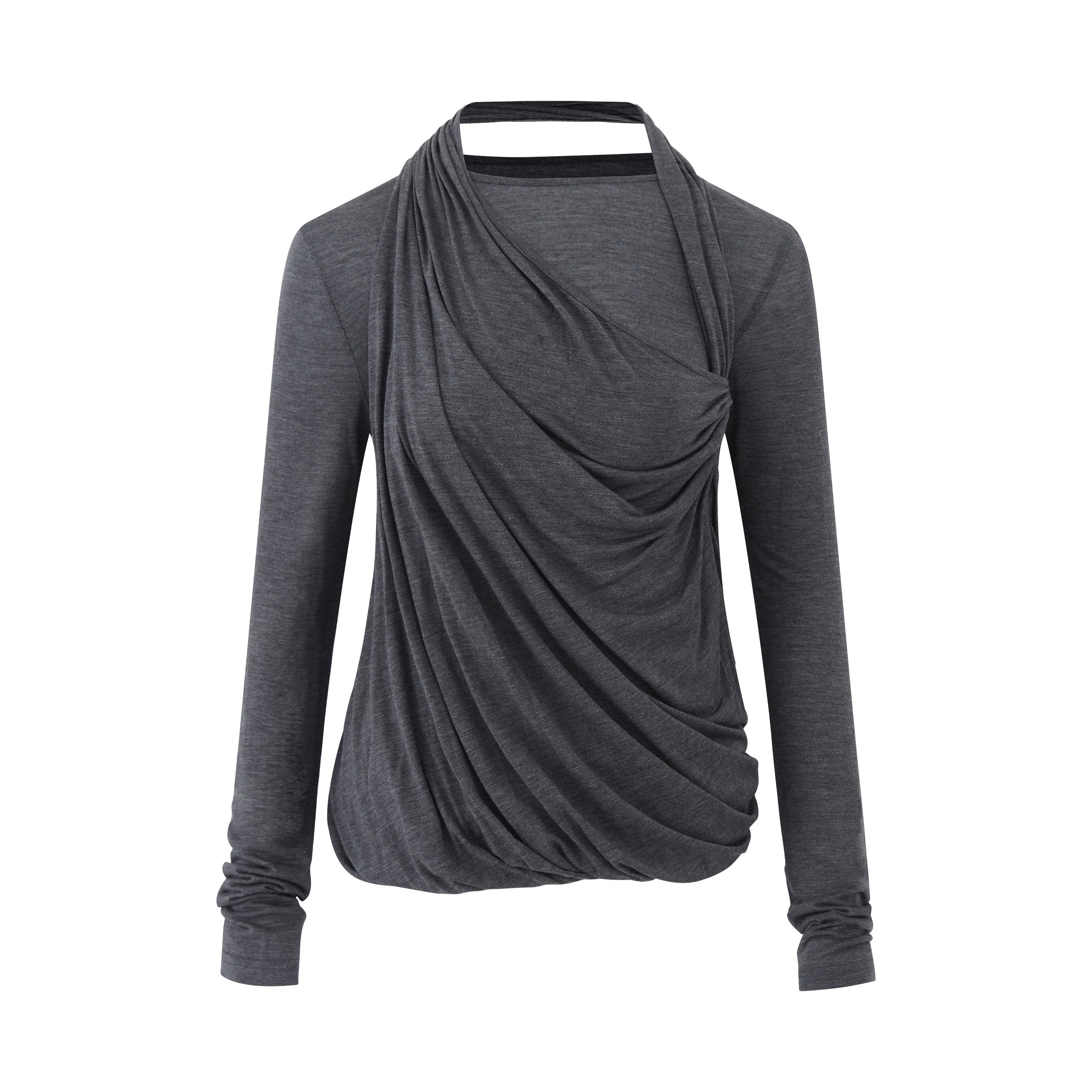 RUN TO THE FUTURE Tencel Wool Blend Pleated Commuter Slim Solid Milk White Long Sleeve T-Shirts