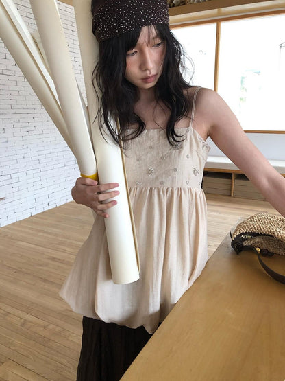 Dorydory Apricot Beige Beaded Square Neck Tulip Hem Women&