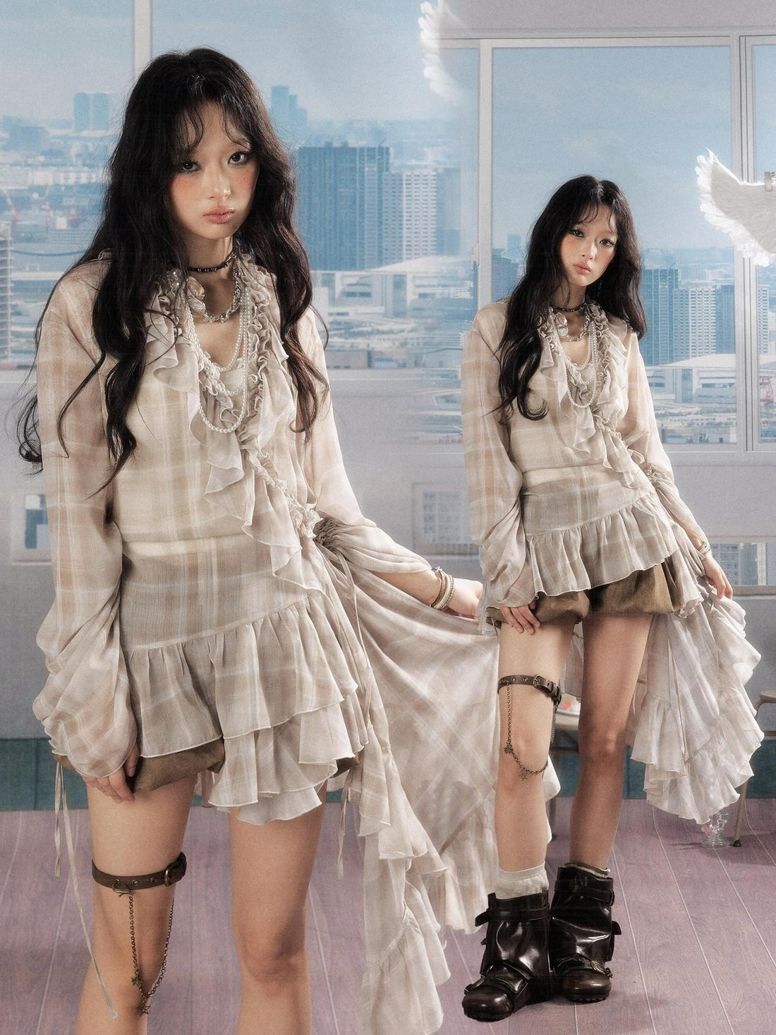 ALL iN plan Vintage Loose Long Sleeve Fairy Beige Plaid Casual Women Polyester Dress