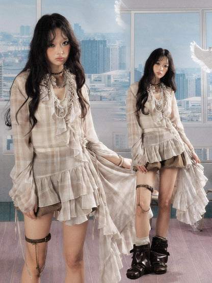 ALL iN plan Vintage Loose Long Sleeve Fairy Beige Plaid Casual Women Polyester Dress
