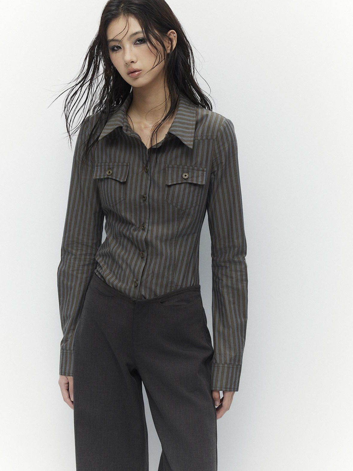 Low pixel Breathable Cotton Vintage Fitted Striped Button Long Sleeve Women Shirts