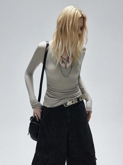 Low pixel Lyocell Wool Blend Printed Slim V-neck Pullover Women Long Sleeve Crop Tops