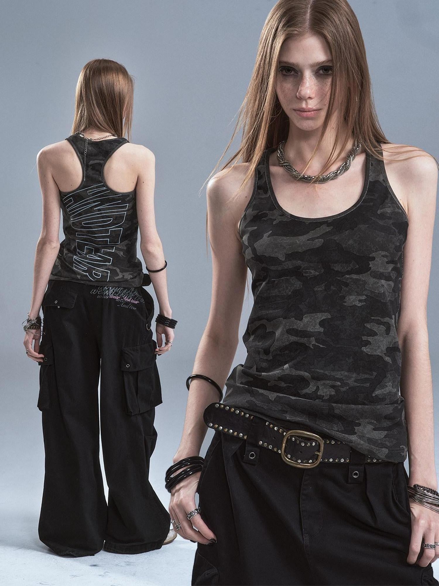 wear And tear Dark Camouflage Back Line Print Racerback Slim Women&