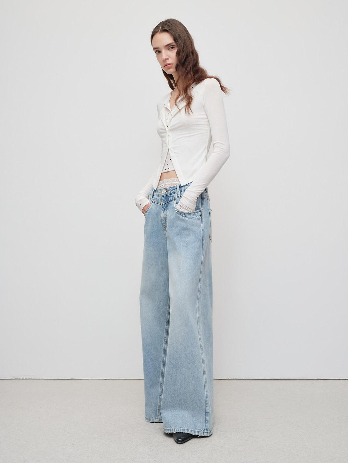 RUN TO THE FUTURE Light Blue Casual Loose Natural Waist Button Fly No Stretch Women Wide-Leg Jeans