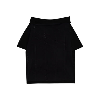 RUN TO THE FUTURE Viscose Knit Loose Cutout Slanted Neck Black Cross Print Short Sleeve T-Shirts