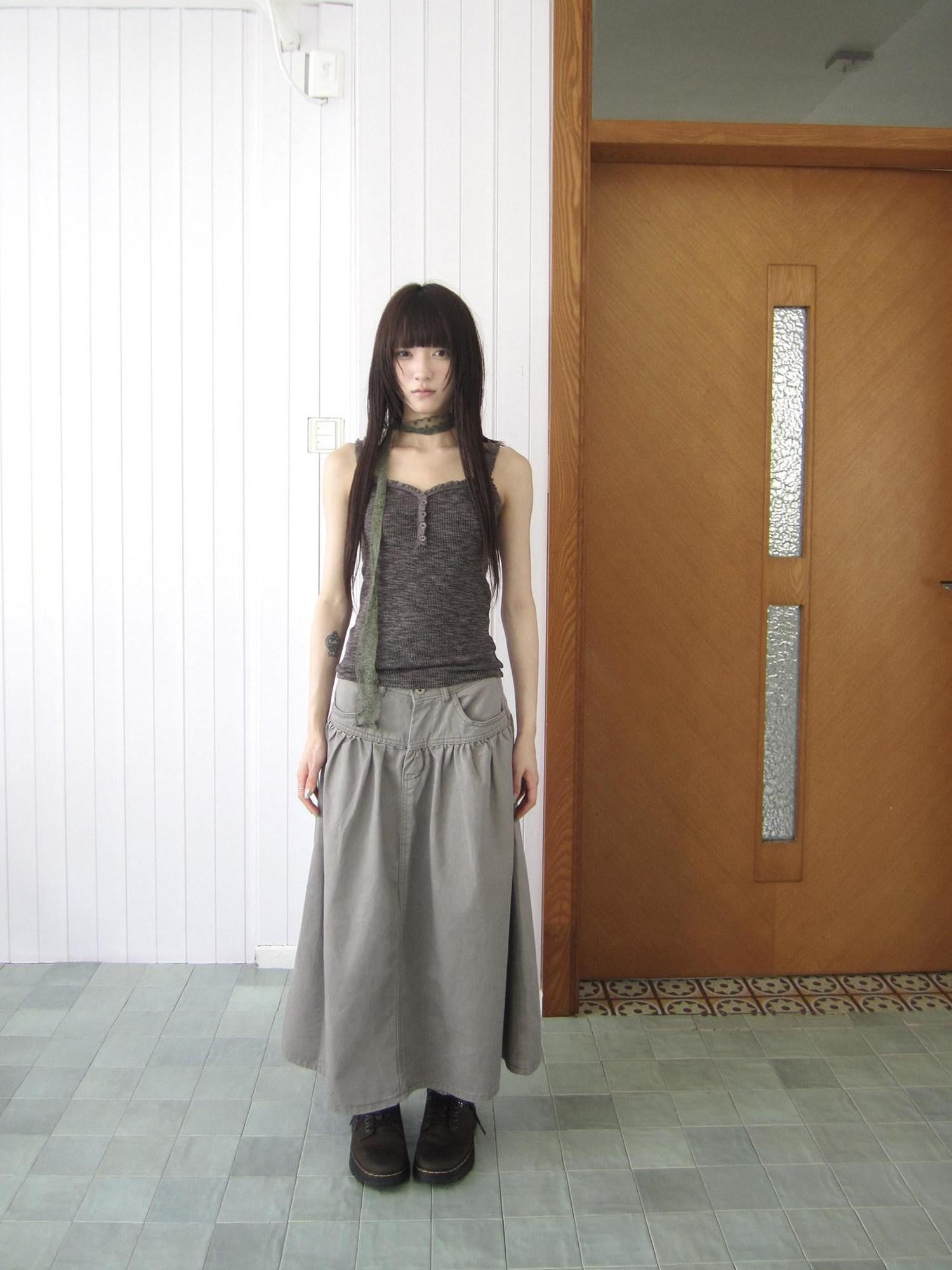 ang project Vintage Distressed Pleated High Waist A Line Women&