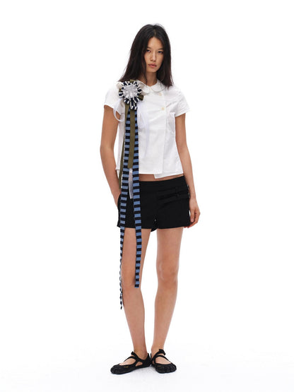 oinimi White Double Button Peter Pan Collar Slim Fit Short Sleeve Women&