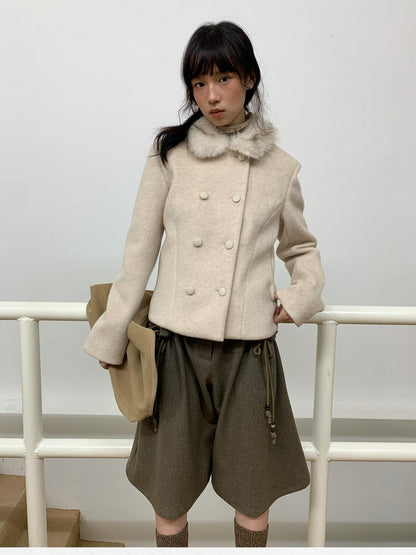 Dorydory Faux Fur Collar Double Breasted Straight Cut Women&