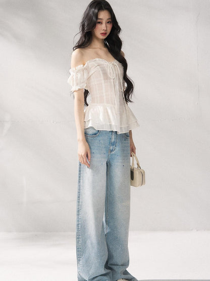 7Shiftin Cooling Breathable Light Waist Slim Women Cotton Tee Off Shoulder Crop Tops