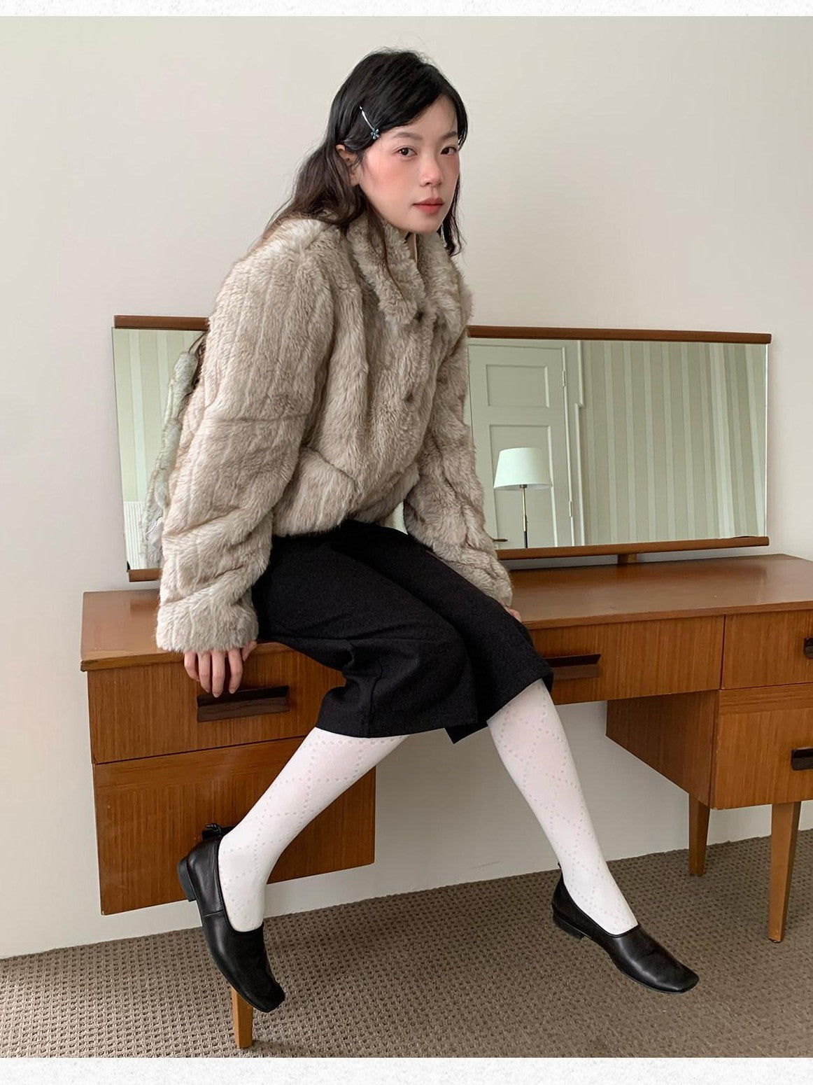 Dorydory Striped Turn Down Collar Eco Fur Textured Women&